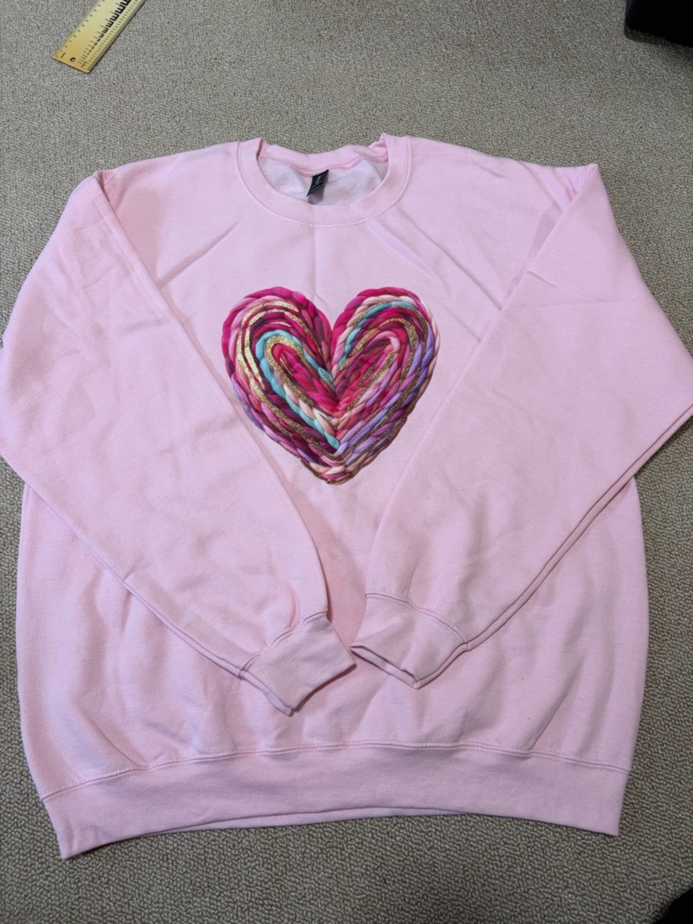 Gildan Pink Crewneck Sweater with Multicolor Heart Applique